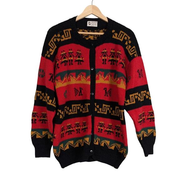Handknit Wool Cardigan Sweater L Red Black Green Peru Indie Colorful Chunky Boho - Picture 1 of 11